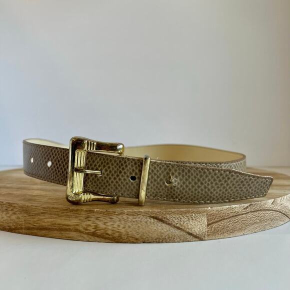 Vintage 90s Taupe Vegan Leather Snake SKin Golden Buckle Belt Size XS/.S - Picture 1 of 12